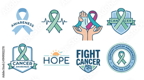 Eight Cancer Awareness Icons Arranged in Two Rows with Shields and Ribbons in Blue Green for Awareness Campaigns