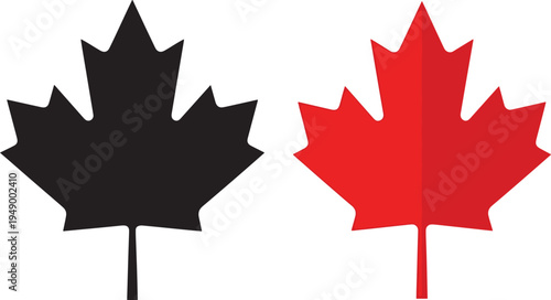 A minimalist graphic design featuring a solid black and a red canadian maple leaf side by side