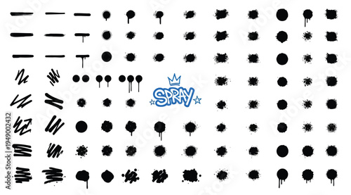 A collection of various black paint splatters and strokes on a white background with a blue sky logo in the center