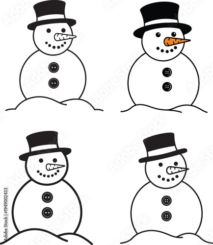 A collection of four simple hand drawn snowman illustrations with black top hats and carrot noses