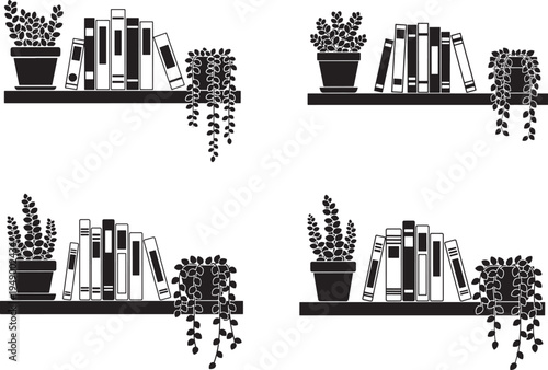 A collection of four isolated shelves featuring various houseplant pots and assorted book spines
