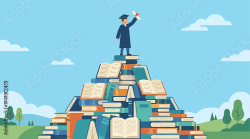 A symbolic flat design illustration showcasing a graduate standing proudly on a mountain of books, representing academic achievement and accumulated knowledge.