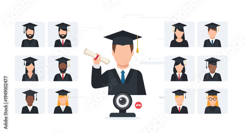 A contemporary flat design illustration depicting a virtual graduation ceremony, with diverse graduates celebrating their achievement via video conference.