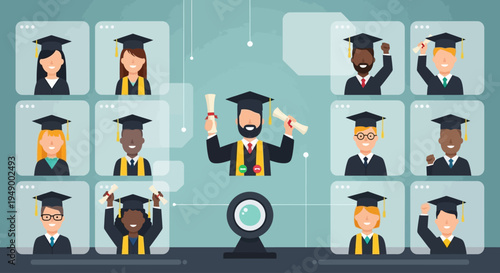 A contemporary flat design illustration depicting a virtual graduation ceremony, with diverse graduates celebrating their achievement via video conference.