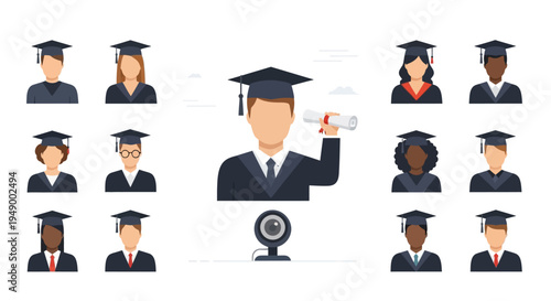 A contemporary flat design illustration depicting a virtual graduation ceremony, with diverse graduates celebrating their achievement via video conference.