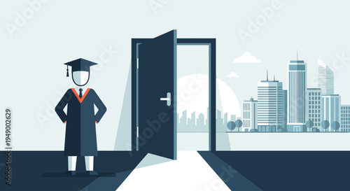A compelling flat design illustration showing a graduate confidently approaching an open door, symbolizing new beginnings and exciting career opportunities.
