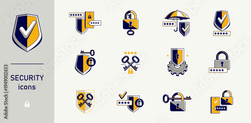 Safety and security vector detailed icons set, account privacy and antivirus, protected personal data cybersecurity.