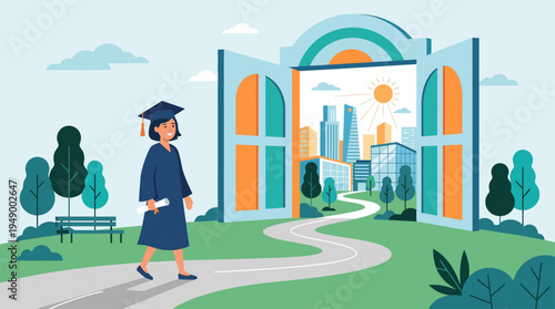 A compelling flat design illustration showing a graduate confidently approaching an open door, symbolizing new beginnings and exciting career opportunities.