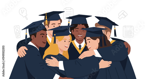A heartwarming flat design illustration showcasing a diverse group of graduates in a joyful group hug, celebrating their shared academic success and friendship.