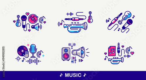 Music and recording studio vector detailed icons set, sound producing and audio engineering bundle, playing instruments.