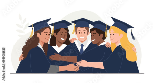 A heartwarming flat design illustration showcasing a diverse group of graduates in a joyful group hug, celebrating their shared academic success and friendship.