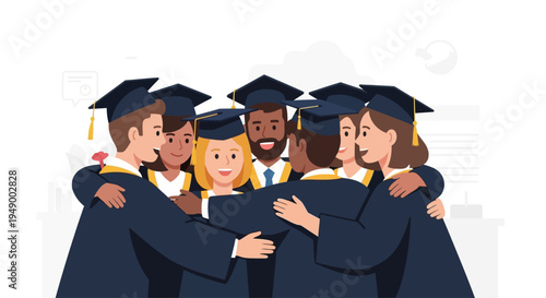 A heartwarming flat design illustration showcasing a diverse group of graduates in a joyful group hug, celebrating their shared academic success and friendship.