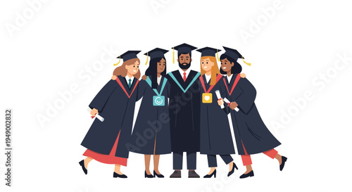 A heartwarming flat design illustration showcasing a diverse group of graduates in a joyful group hug, celebrating their shared academic success and friendship.