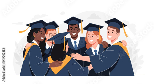 A heartwarming flat design illustration showcasing a diverse group of graduates in a joyful group hug, celebrating their shared academic success and friendship.