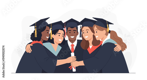 A heartwarming flat design illustration showcasing a diverse group of graduates in a joyful group hug, celebrating their shared academic success and friendship.