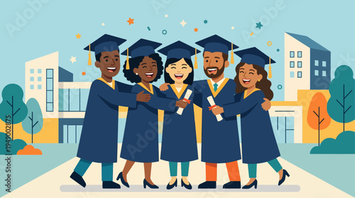 A heartwarming flat design illustration showcasing a diverse group of graduates in a joyful group hug, celebrating their shared academic success and friendship.