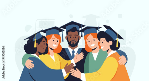 A heartwarming flat design illustration showcasing a diverse group of graduates in a joyful group hug, celebrating their shared academic success and friendship.