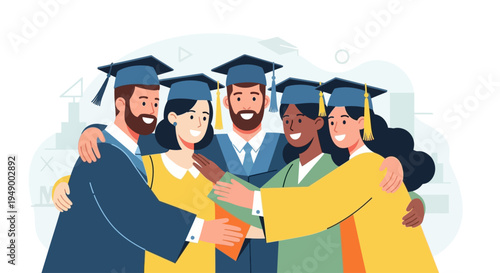 A heartwarming flat design illustration showcasing a diverse group of graduates in a joyful group hug, celebrating their shared academic success and friendship.