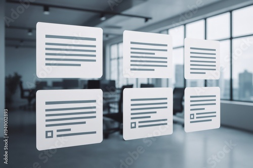 Digital documents floating in modern office working space