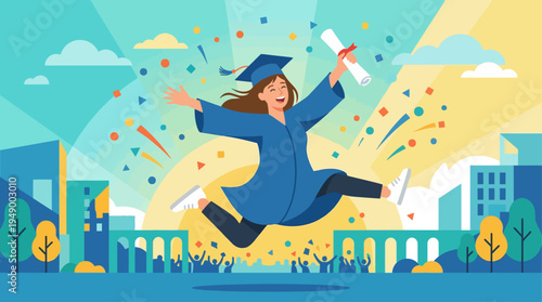 An energetic flat design illustration of a graduate leaping in the air, diploma in hand, expressing pure joy and excitement for their academic achievement.