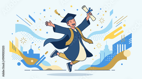 An energetic flat design illustration of a graduate leaping in the air, diploma in hand, expressing pure joy and excitement for their academic achievement.
