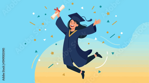 An energetic flat design illustration of a graduate leaping in the air, diploma in hand, expressing pure joy and excitement for their academic achievement.