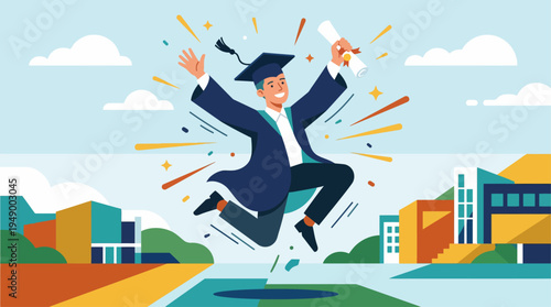 An energetic flat design illustration of a graduate leaping in the air, diploma in hand, expressing pure joy and excitement for their academic achievement.
