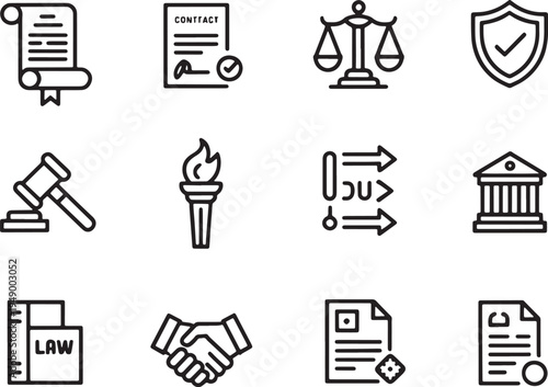 Set of line vector icons representing law and justice concepts on transparent background