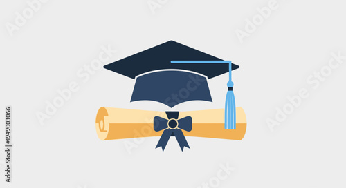 A crisp flat design illustration featuring a classic graduation cap and a rolled diploma, perfect as an icon or emblem symbolizing academic achievement.
