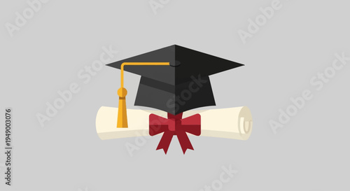 A crisp flat design illustration featuring a classic graduation cap and a rolled diploma, perfect as an icon or emblem symbolizing academic achievement.