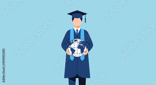 A conceptual flat design illustration of a graduate holding a globe, symbolizing a world of global opportunities and an international perspective after graduation.