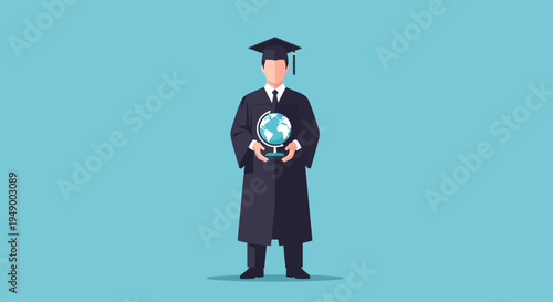 A conceptual flat design illustration of a graduate holding a globe, symbolizing a world of global opportunities and an international perspective after graduation.