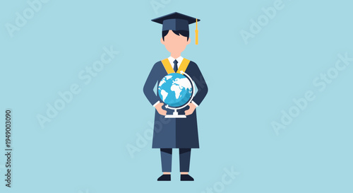 A conceptual flat design illustration of a graduate holding a globe, symbolizing a world of global opportunities and an international perspective after graduation.