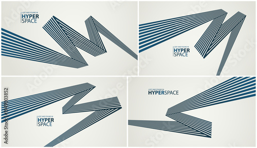 Lines in space perspective vector abstract background set, optical illusion surreal art, aggressive shapes and speed feeling, dynamic forceful motion, op art.