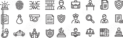 Set of line vector icons representing law and justice concepts on transparent background