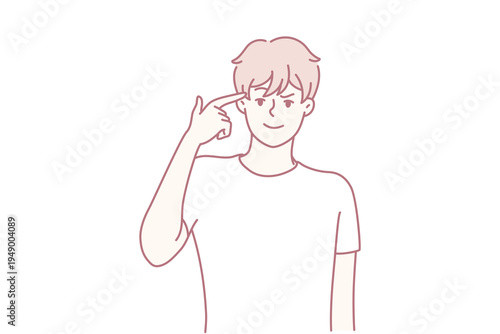 Man touches temple with finger wanting to show presence of idea or important thoughts. Young guy in t-shirt with smile makes gesture of gun by bringing hand to head. Flat vector image