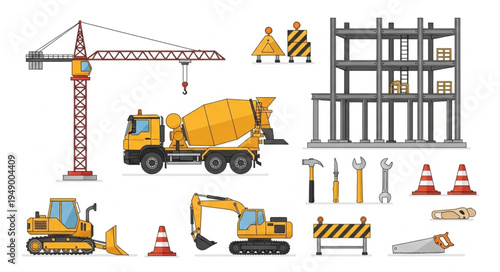 Construction Site Equipment and Infrastructure Elements Illustration.