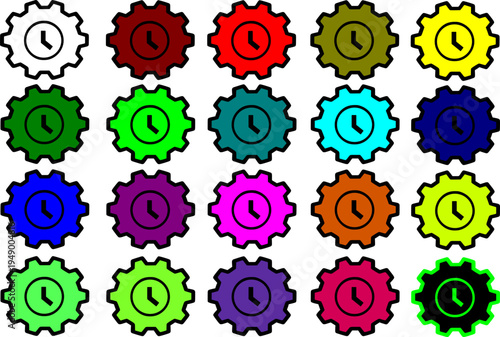 Large set of colorful gear icons with clock symbols inside representing time management and scheduling in various vibrant colors for organizational planning needs