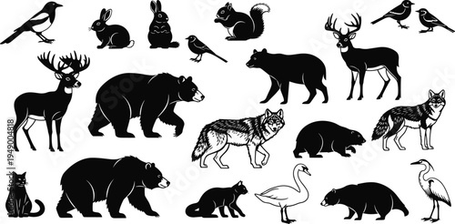 A comprehensive collection of wild and farm animal silhouettes featuring a black vector illustration of a lion, elephant, horse, and deer isolated on a white nature background