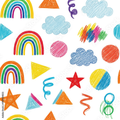 A colorful collection of naive children's crayon doodles and soft pastel shapes, featuring geometric figures, scribbles, and rainbows scattered on a white background, concept of simple playful