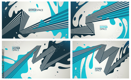 Fluid splash in motion over 3D lines in perspective space vector abstract background set, energy blast explosion in chaos, surreal explosion art wallpaper.