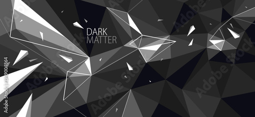 Low poly background with particles debris in motion vector design, 3D dynamic surface with debris explosion, triangular elements flying over polygonal backdrop.