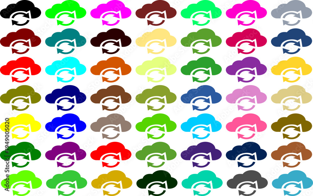 Fototapeta premium Multitude of colorful cloud icons with refresh arrows, signifying cloud computing, data synchronization, and network storage solutions for digital services