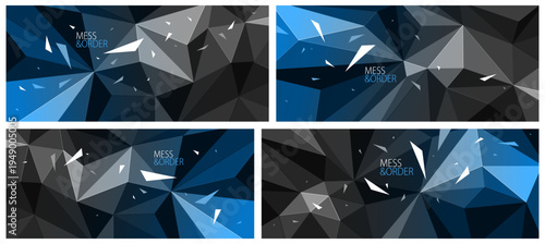 Mess and order concept set, vector abstract background with low poly surface and dynamic particles in motion, chaos decay explosion with flying debris.