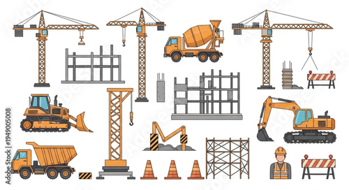 Construction Site Equipment and Infrastructure Elements Illustration.