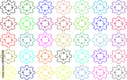 Array of outlined gears with arrows in multiple colors, indicating mechanical function, industry processes, and technological development for creative use