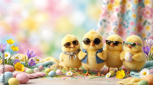 Four yellow chicks wearing sunglasses and clothes stand amidst colorful Easter eggs and flowers.
