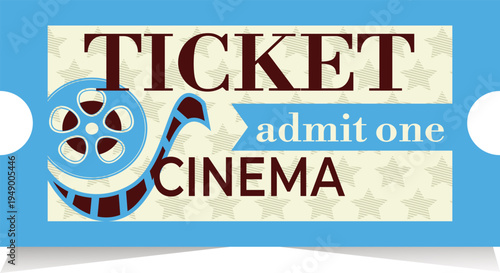 Blue cinema ticket vector illustration in a retro style featuring a film reel icon and "Ticket Cinema" text. The design includes a star-patterned background and a blue ribbon with "admit one"