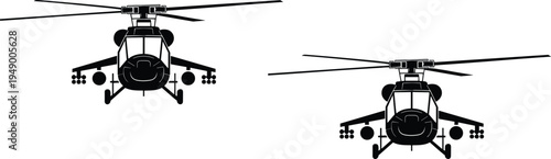 Military attack helicopter vector illustration set, armed combat chopper aircraft front view icons, aviation defense vehicle design
