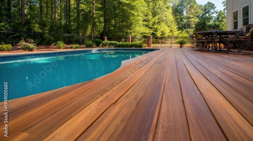 Sunlit wooden deck by a sparkling pool, surrounded by lush greenery, creates a serene outdoor retreat